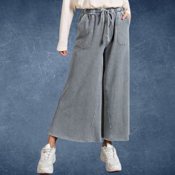 📌 EASEL "The Originals" Mineral Wash Wide Leg Drawstring Pants Pockets Raw Hems - Picture 4 of 15